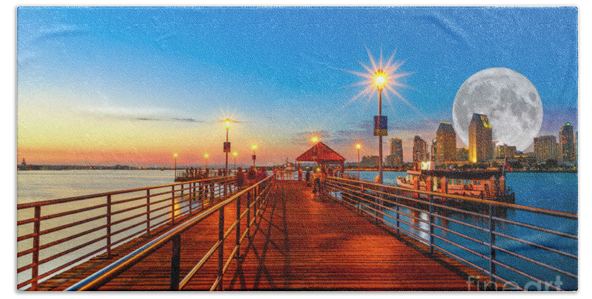 San Diego Beach Towel featuring the photograph Coronado pier with full moon by Benny Marty