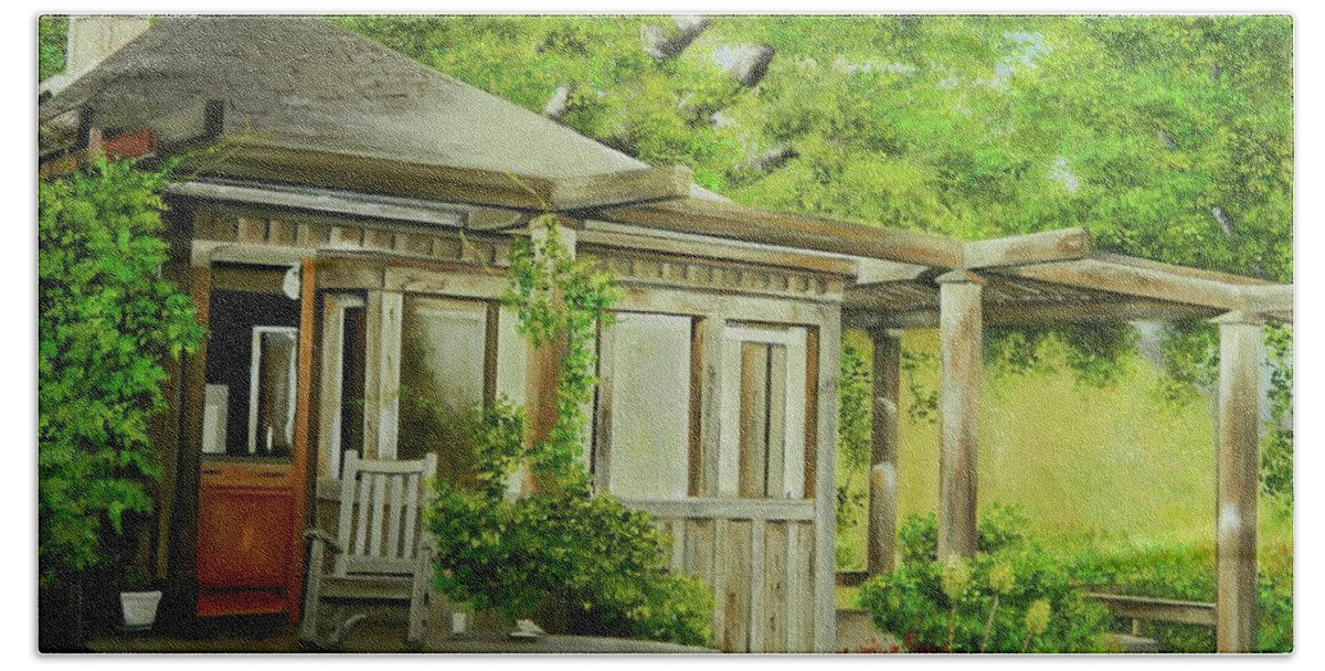 Tropical Landscape Beach Towel featuring the painting Pauline's Cottage by Kenneth Harris