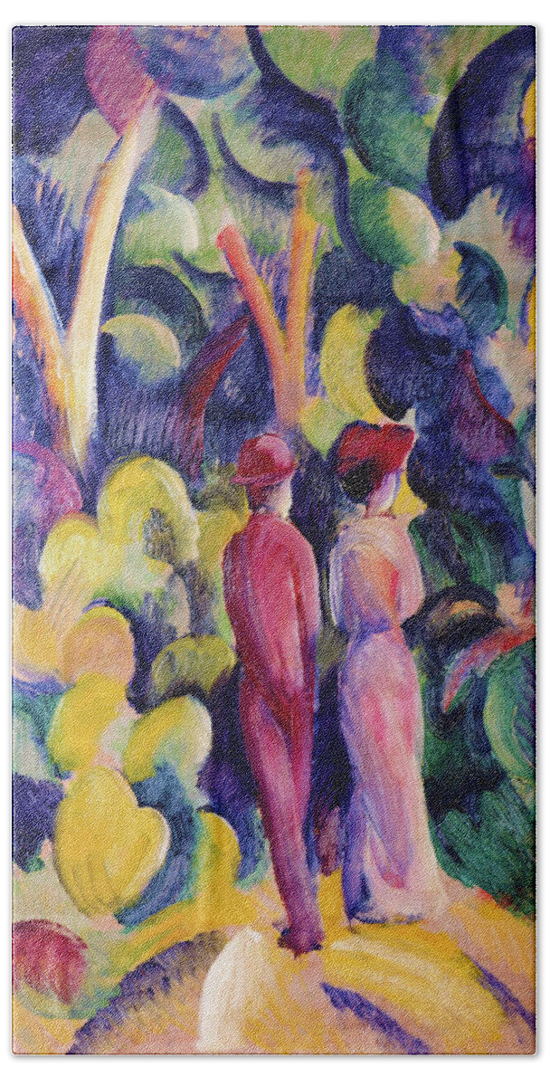 Couple On The Forest Track Beach Towel featuring the painting Couple on the Forest Track - Digital Remastered Edition by August Macke