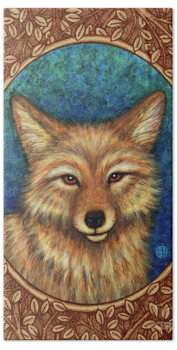 Animal Portrait Beach Towel featuring the painting Coyote Portrait - Brown Border by Amy E Fraser