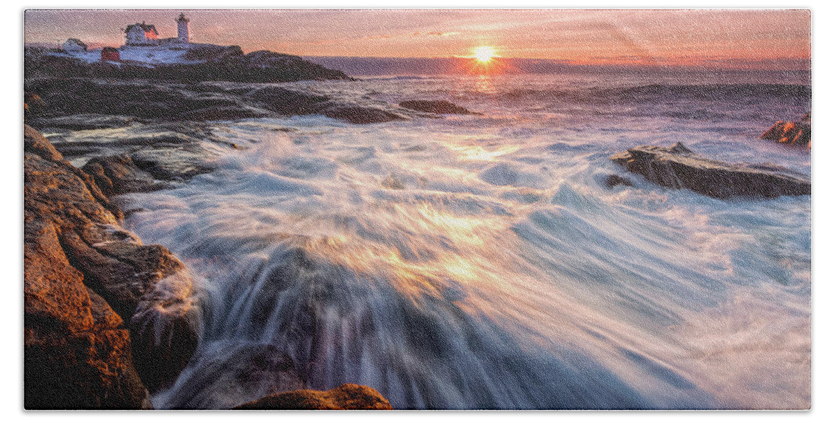 Amazing New England Beach Towel featuring the photograph Crashing Waves at Sunrise, Nubble Light. by Jeff Sinon