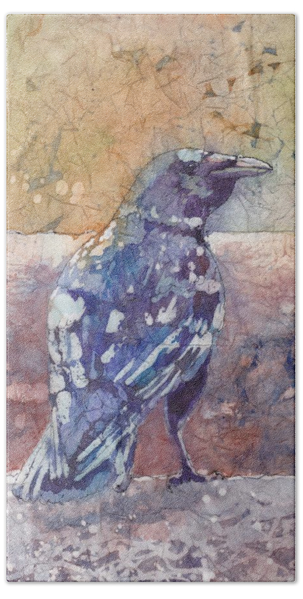 Batik Beach Sheet featuring the painting Crow by Ruth Kamenev