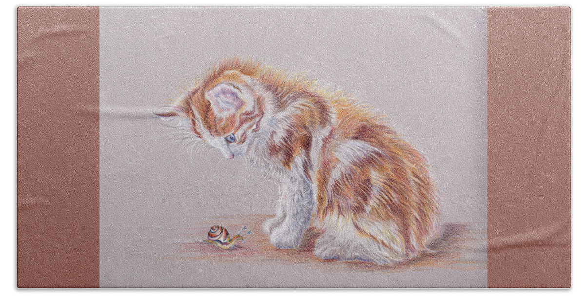 Cat Beach Towel featuring the painting Curiosity and the fluffy kitten by Debra Hall