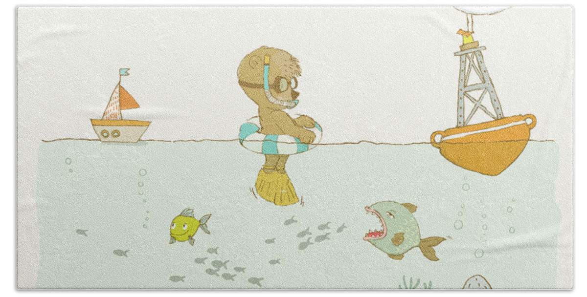 Whimsical Beach Towel featuring the painting Cute bear and other animals whimsical ocean scene by Matthias Hauser