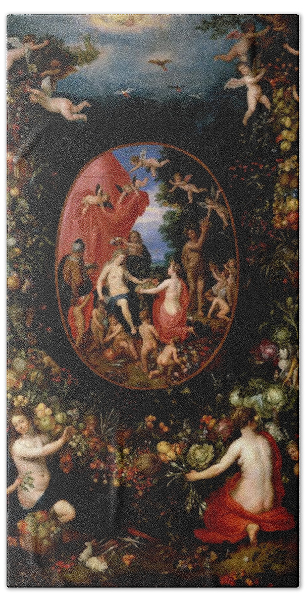 Cybele And The Seasons In A Garland Of Fruit Beach Towel featuring the painting 'Cybele and the Seasons in a Garland of Fruit', Befo... by Jan Brueghel the Elder -1568-1625- Hendrik van Balen -1575-1632-