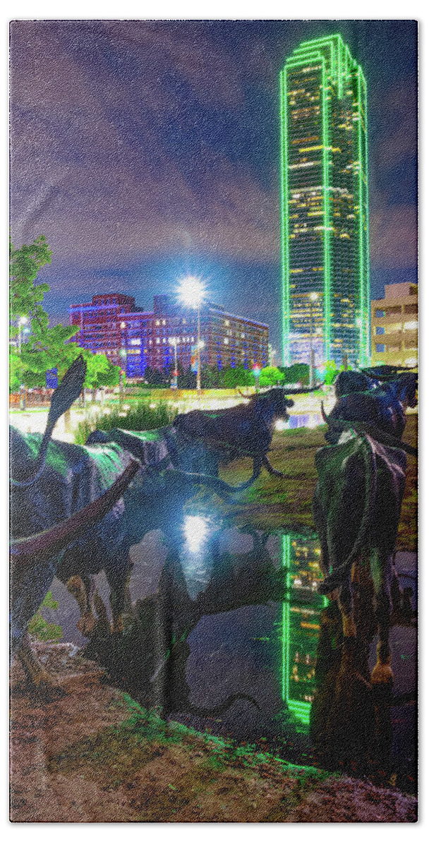 America Beach Towel featuring the photograph Dallas Skyline and Texas Longhorn Cattle Drive Crossing the River by Gregory Ballos