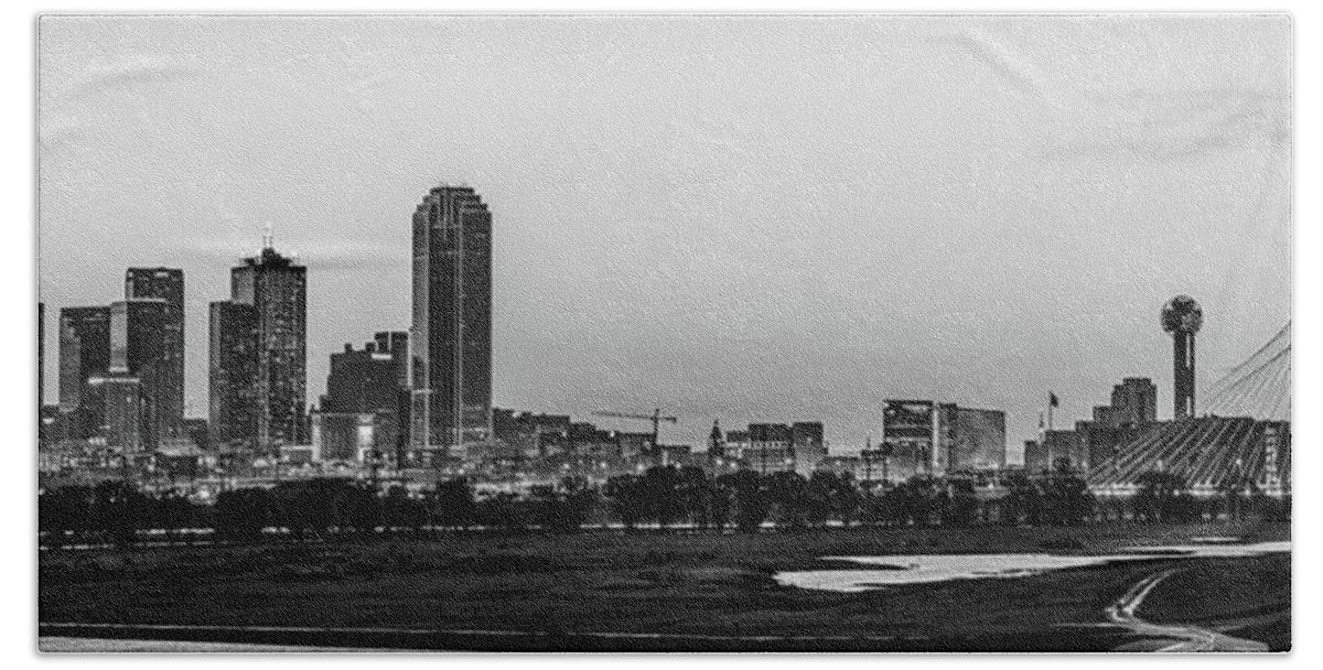 America Beach Towel featuring the photograph Dallas Texas Skyline Early Morning Panoramic Cityscape - Monochrome by Gregory Ballos
