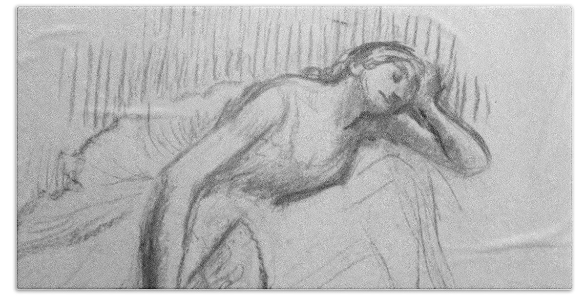 19th Century Art Beach Towel featuring the drawing Dancer Resting with a Fan by Edgar Degas