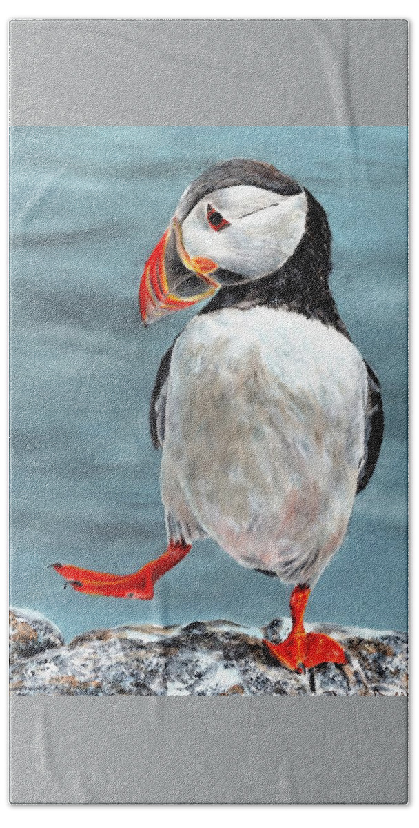 Puffin Beach Towel featuring the painting Dancing Puffin by John Neeve