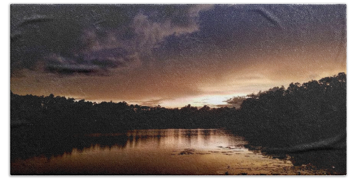 Sunset Beach Towel featuring the photograph Dark Reflections by Shena Sanders