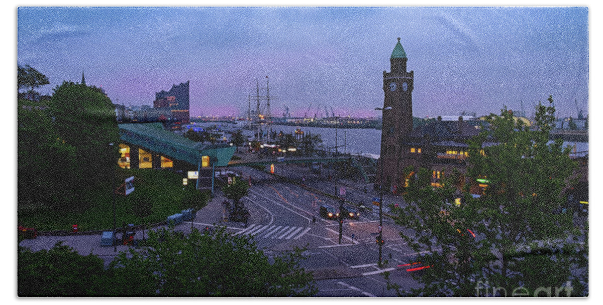Dramatic Beach Towel featuring the photograph Dawn over the port and city Hamburg panorama by Marina Usmanskaya