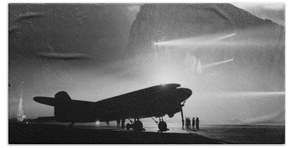 Rock Of Gibraltar Beach Sheet featuring the photograph Airliner Silhouetted by Searchlights - Rock of Gibraltar - WW2 by War Is Hell Store