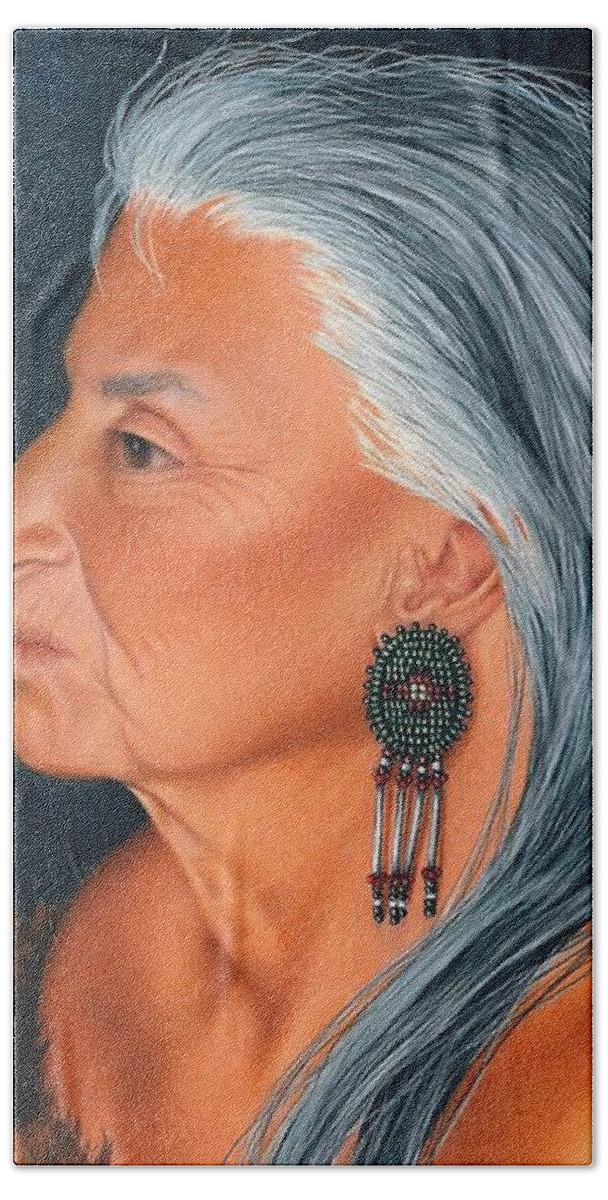 Native American Portrait. American Indian Elder Portrait. Beach Towel featuring the painting Delaware Elder by Valerie Evans