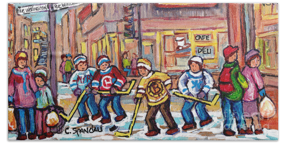 Deli Donuts Beach Towel featuring the painting Deli Donuts Wellington And Willibrord Verdn Montreal Hockey Art Winter Scene Painting C Spandau Art by Carole Spandau