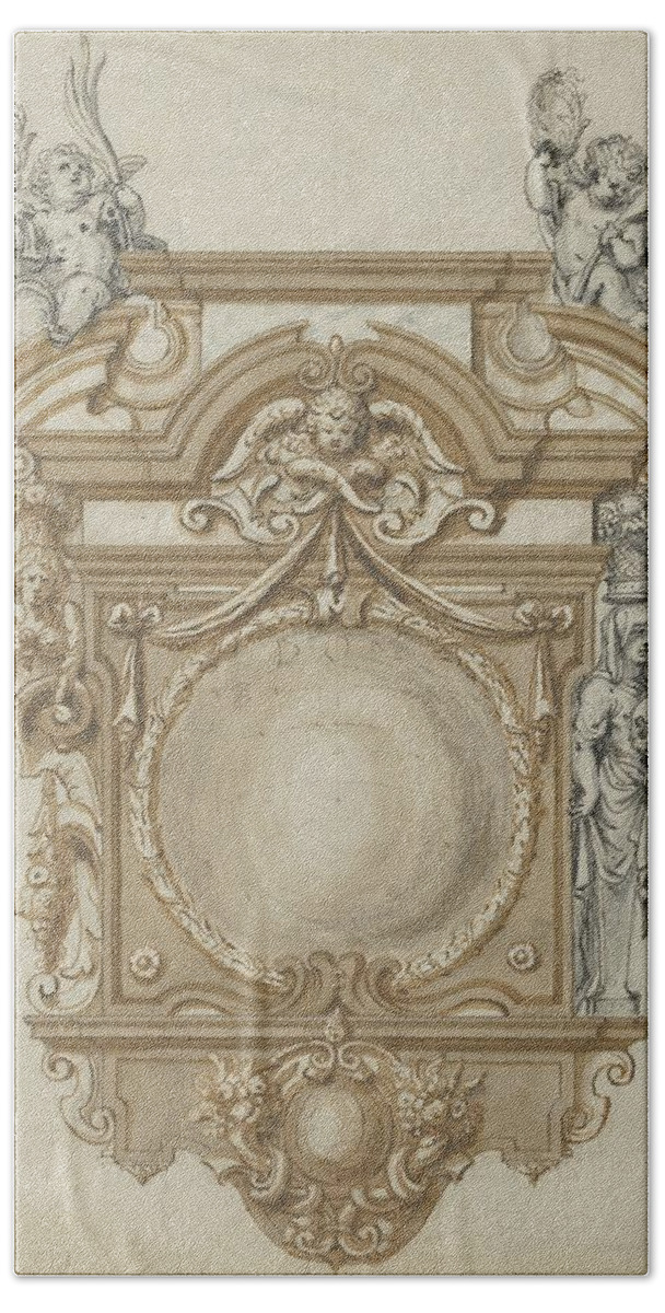 Baroque Beach Towel featuring the drawing Design For An Epitaph With A Variant, Flanked By Terms by Abraham Van Diepenbeeck