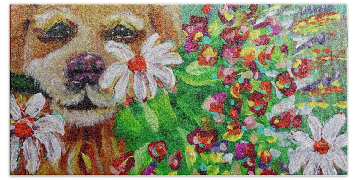 Dog Beach Sheet featuring the painting Dog With Flowers by Jacqueline Athmann