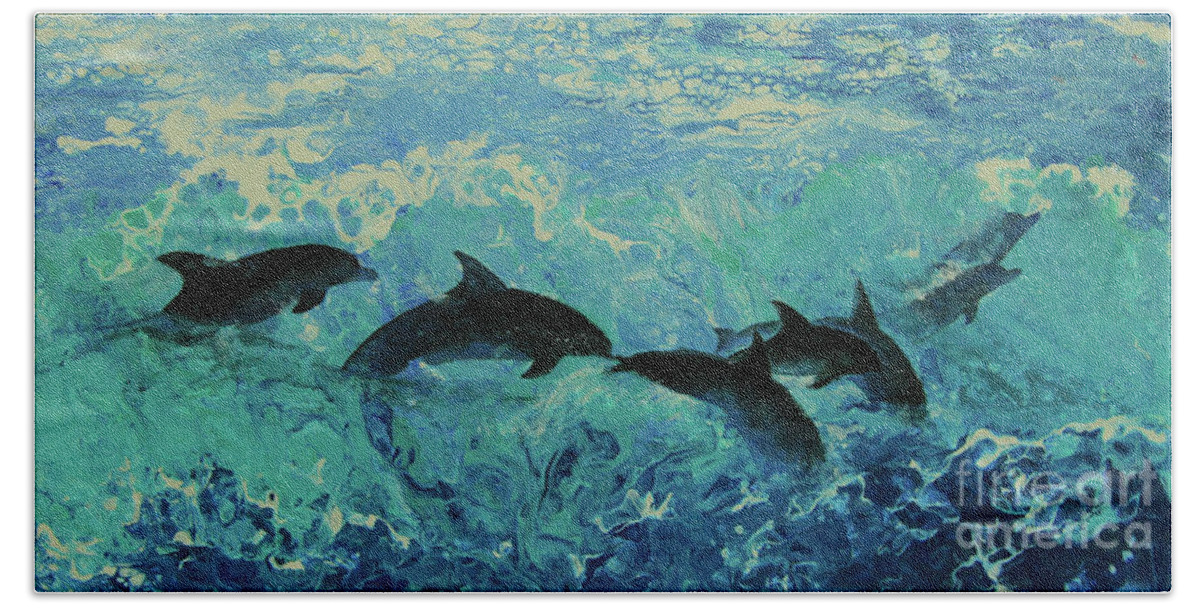 Painting Beach Towel featuring the painting Dolphins Surf by Jeanette French