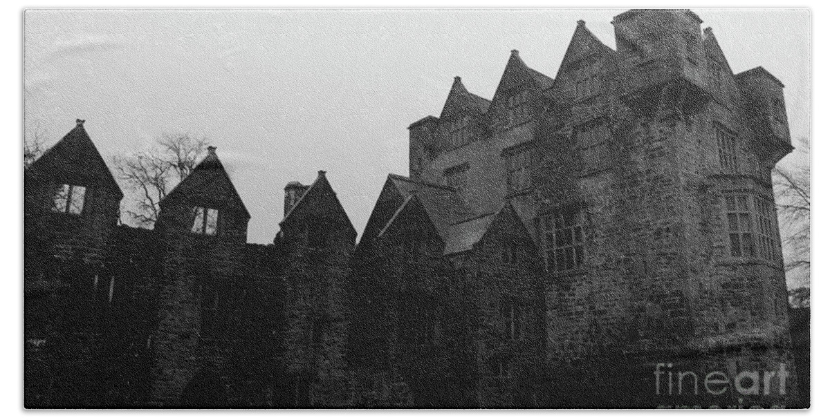Donegal On Your Wall Beach Towel featuring the photograph Donegal Castle Exterior bw by Eddie Barron