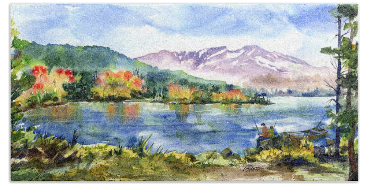 Donner Lake Beach Towel featuring the painting Donner Lake Fisherman by Joan Chlarson