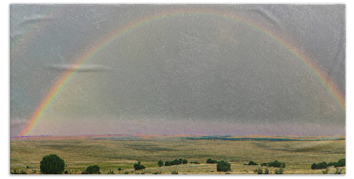 00586349 Beach Towel featuring the photograph Double Rainbow, Apishapa State Wildlife Area, Colorado by Tim Fitzharris