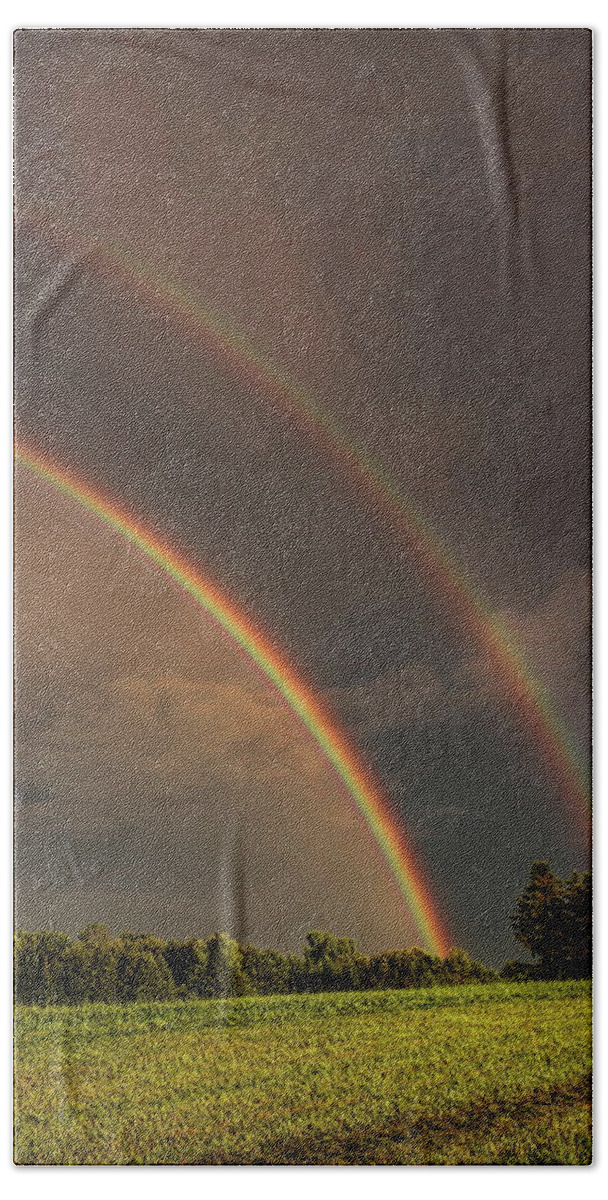 Weather Beach Towel featuring the photograph Double Rainbow Over The Hay Field by Dale Kauzlaric