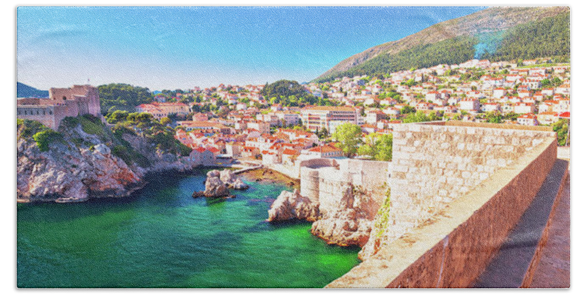 Dubrovnik Beach Towel featuring the photograph Dubrovnik bay and historic walls panoramic view by Brch Photography