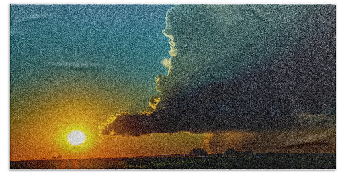 Nebraskasc Beach Towel featuring the photograph Dying Nebraska Thunderstorms at Sunset 068 by NebraskaSC