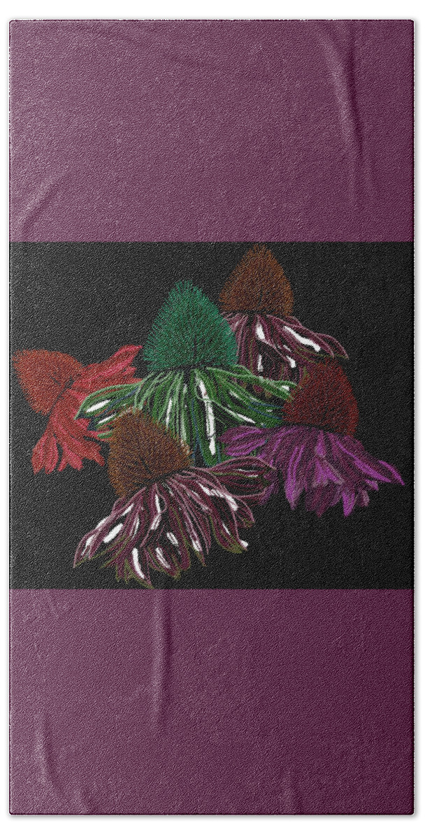 Echinacea Flower Beach Sheet featuring the drawing Echinacea Flowers With Black by Joan Stratton