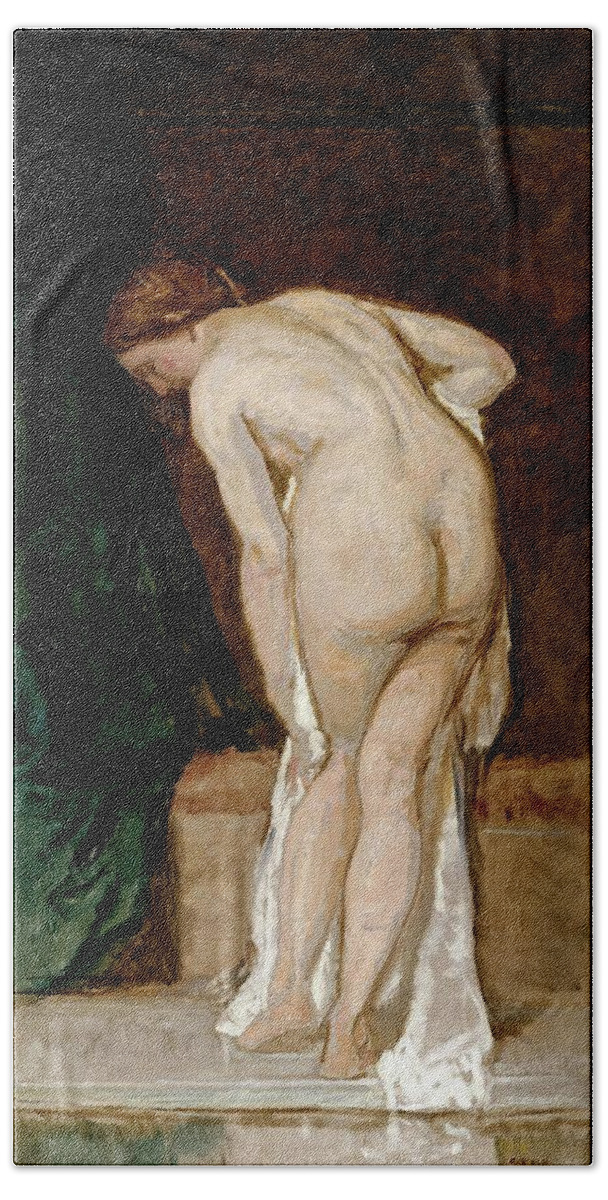 Eduardo Rosales Beach Towel featuring the painting Eduardo Rosales Gallinas / 'Female Nude -after bathing-', ca. 1869, Spanish School. by Eduardo Rosales -1836-1873-
