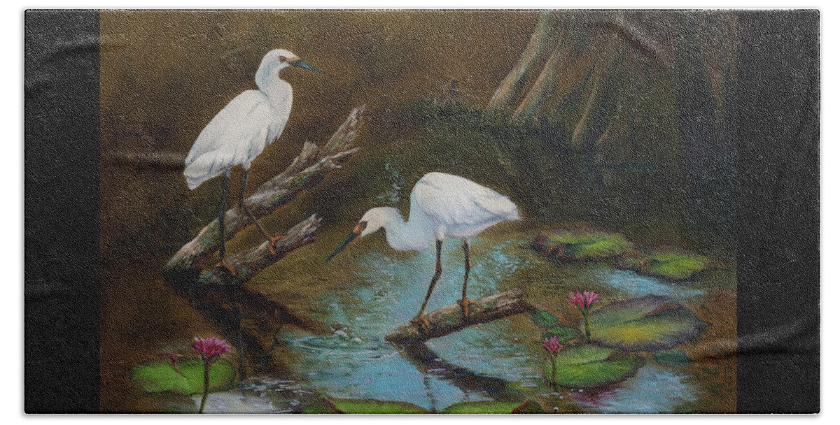 Egrets Beach Towel featuring the painting Two Egrets--Missed Again by Lynne Pittard