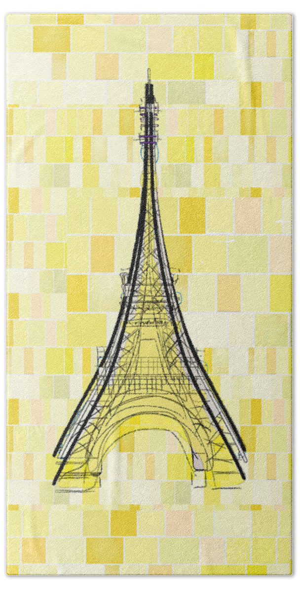 Paris Beach Towel featuring the drawing Eiffel Tower in Yellow by Cecely Bloom