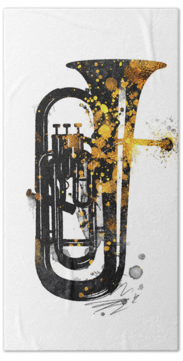 Music Beach Towel featuring the digital art Euphonium music art gold and black by Justyna Jaszke JBJart