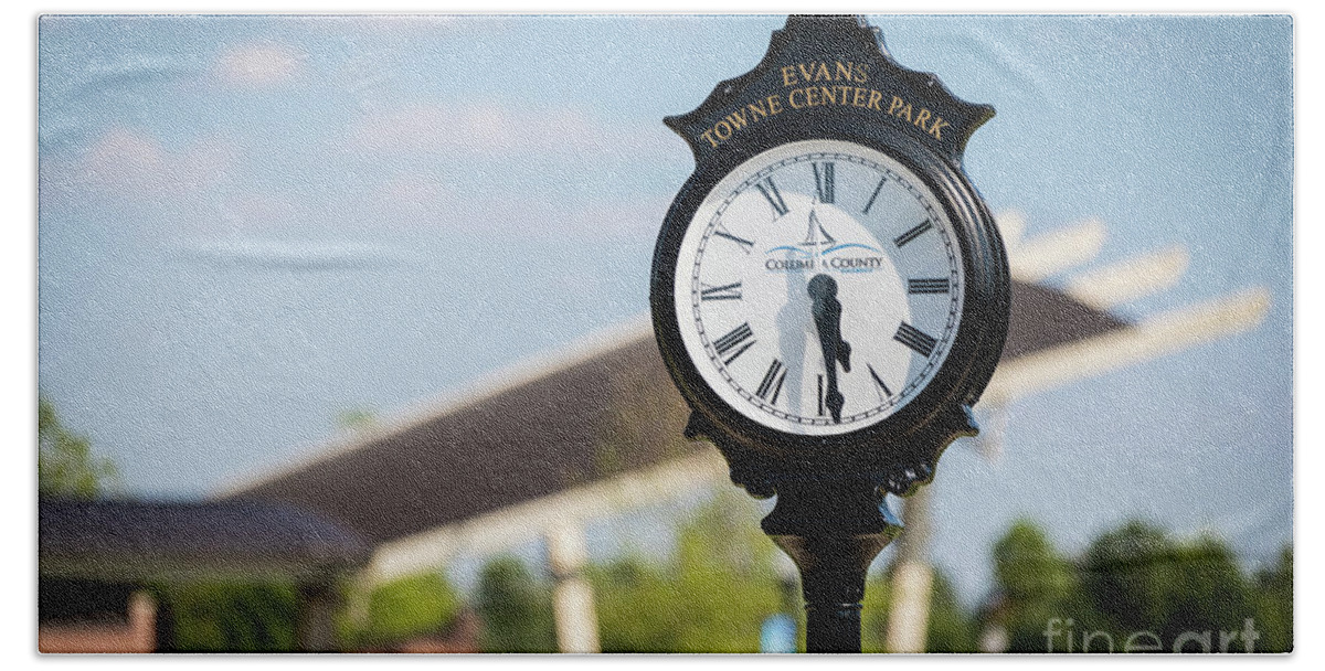 Evans Towne Center Park Clock - Evans Ga Beach Towel featuring the photograph Evans Towne Center Park Clock - Evans GA by Sanjeev Singhal