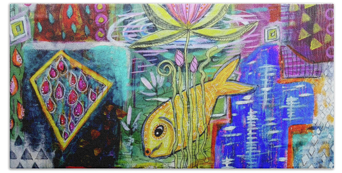 Evening Beach Towel featuring the mixed media Evening by the Pond by Mimulux Patricia No