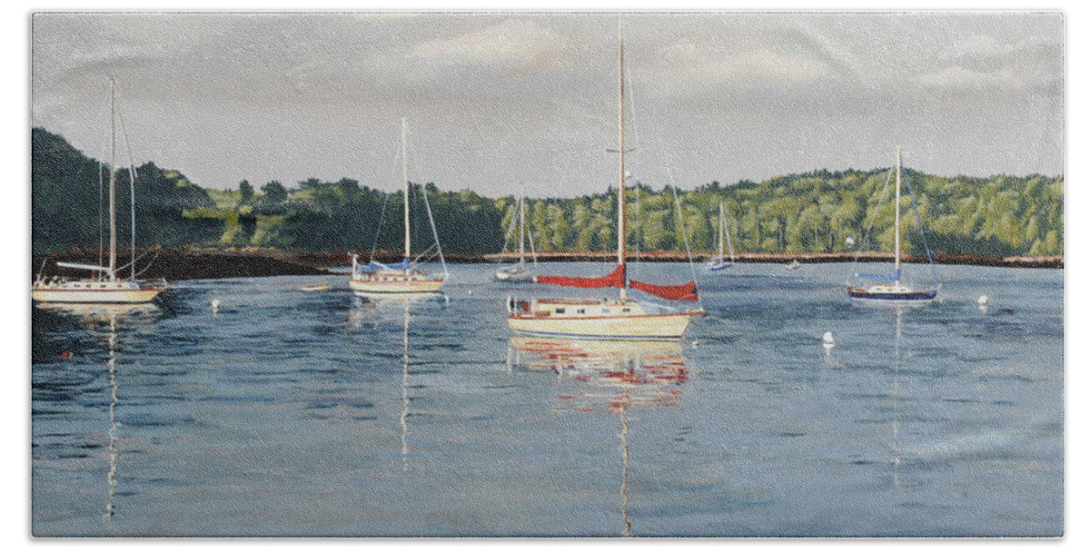 Maine Beach Towel featuring the painting Evening Mooring by Craig Morris