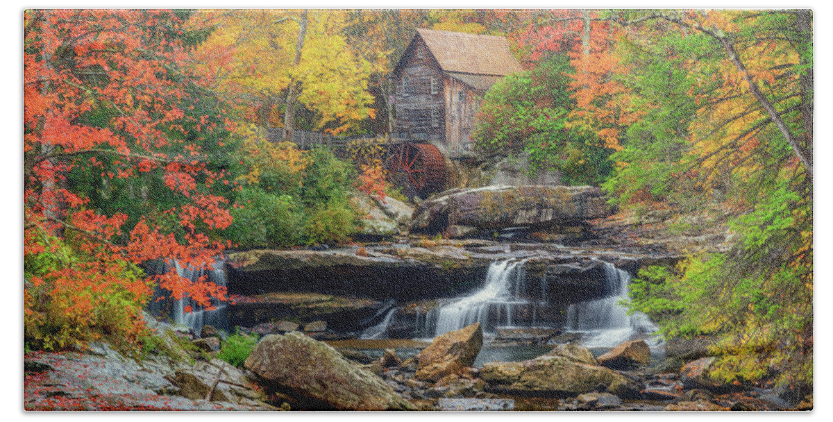 Glade Creek Grist Mill Beach Towel featuring the photograph Fall at the Grist Mill by Kristen Wilkinson