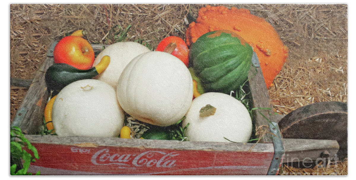 Still Life; Fall; Autumn; Wagon; Coca-cola; Coke; Pumpkins; Squash; Vegetables; Harvest; Straw; Hay; Bales; Fun; Family; Holidays; Thanksgiving; Halloween; Farms; Vintage; Classic; Old; Weathered; Bright; Orange; Green; Black; Yellow; Words; Brand; Letters; Sharon; Eng; Sharon Eng; Doodle; Doodleng; Photograph; Photo; Image; Art; Picture; Home; Decor; Business; Corporate; Office; Wall; Decor; Decorating; Wall; Print; Card Beach Towel featuring the photograph Fall Harvest 300 by Sharon Williams Eng