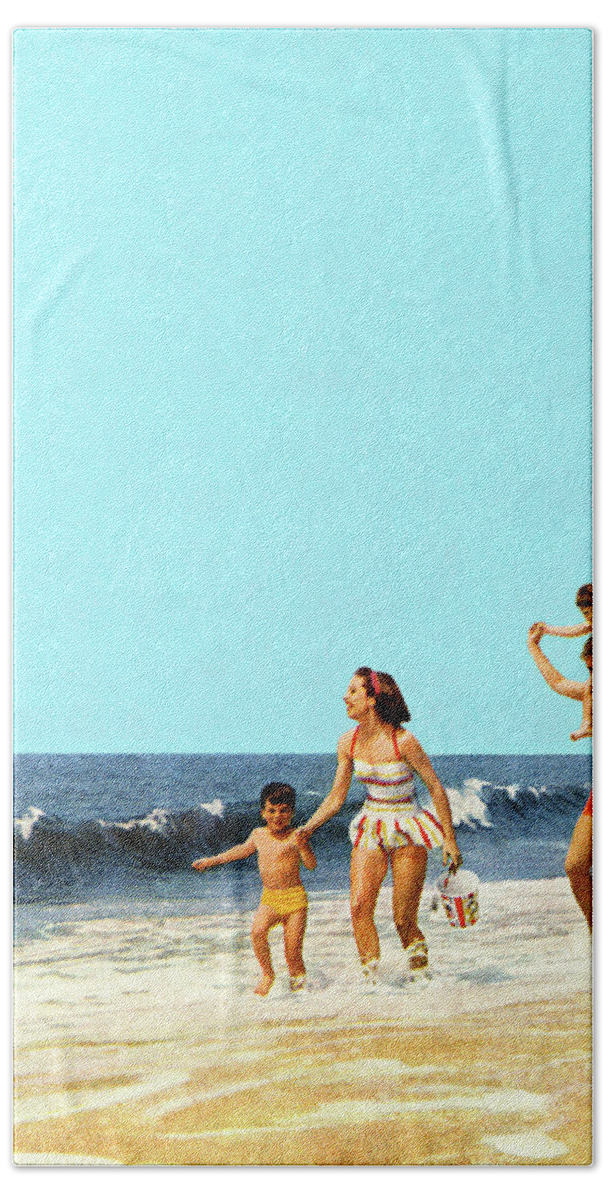 Adult Beach Towel featuring the drawing Family on the Ocean Beach by CSA Images