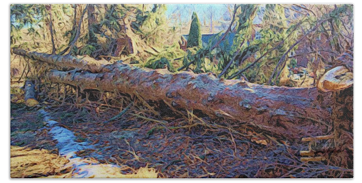 Photoshopped Image Beach Towel featuring the digital art Felled Tree after the Storm by Steve Glines