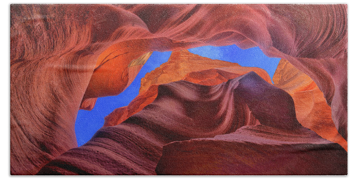 Antelope Canyon Beach Towel featuring the photograph Fire Beneath the Sky in Antelope Canyon by Greg Norrell
