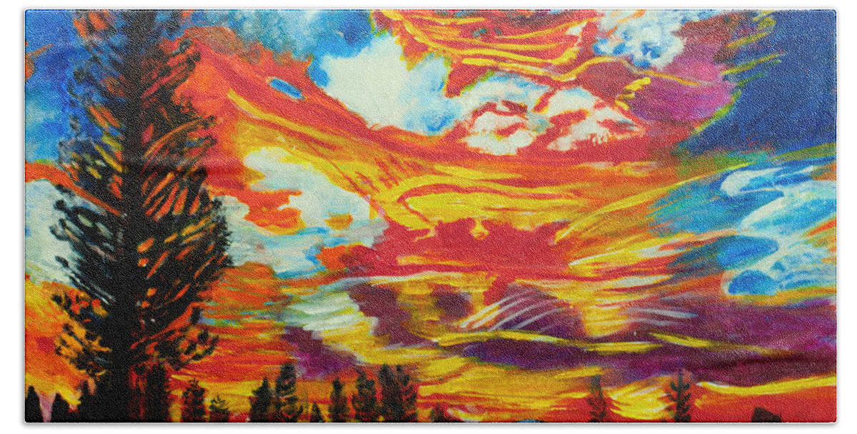 Landscape Beach Towel featuring the painting Fire in the Sky 20x20 by Santana Star
