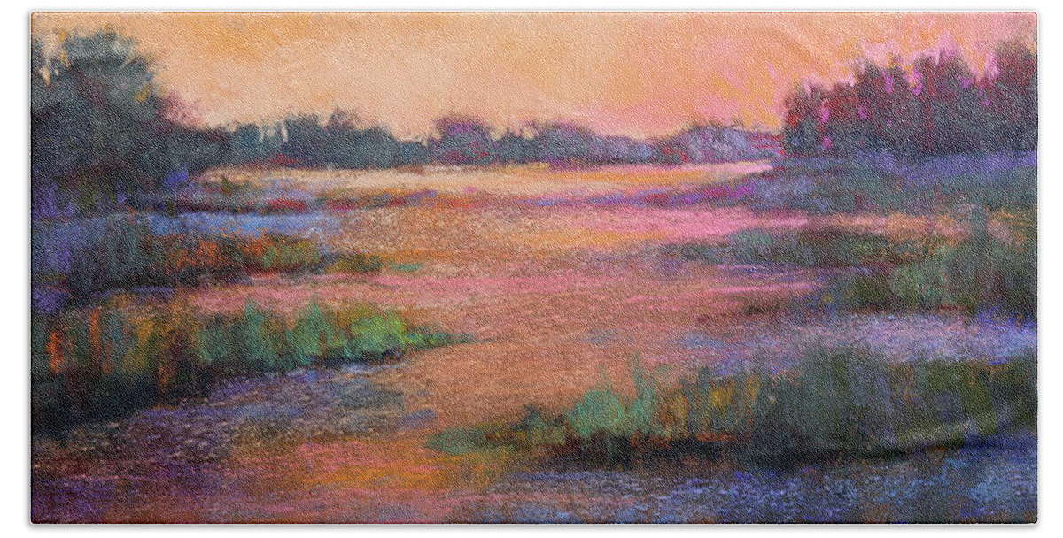 Sunset Marsh Beach Towel featuring the painting Fire Marsh by Susan Jenkins