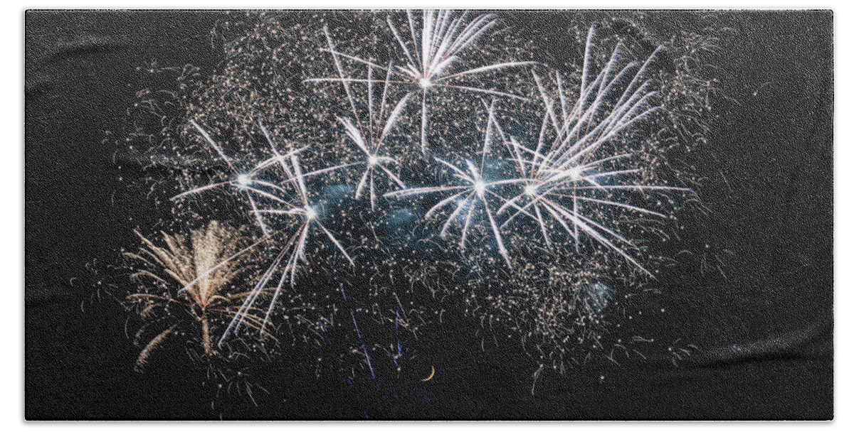 Fireworks Beach Towel featuring the photograph Fireworks and Moon 2 by Allin Sorenson