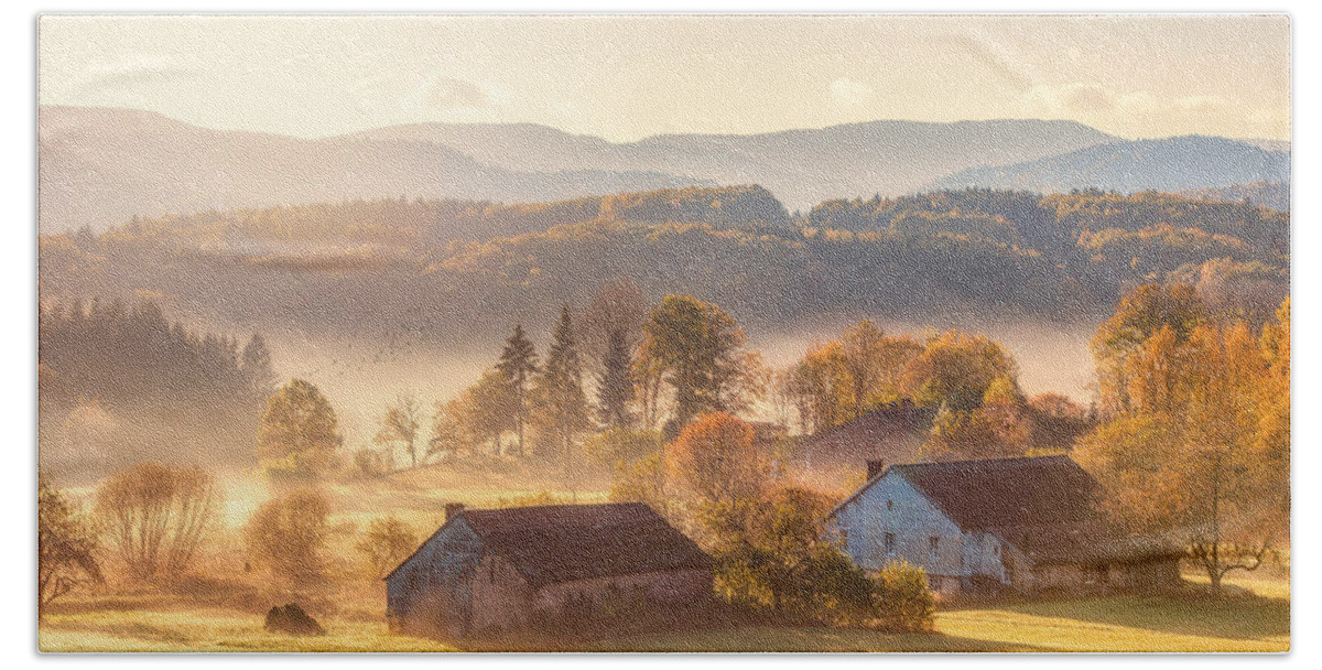 Landscape Beach Towel featuring the photograph First Autumn Morning by Philippe Sainte-Laudy