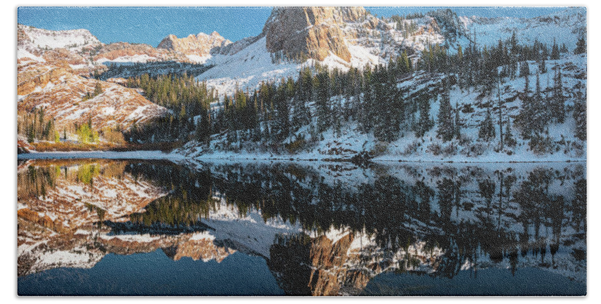 Lake Blanche Beach Towel featuring the photograph First Snow at Lake Blanche by James Udall