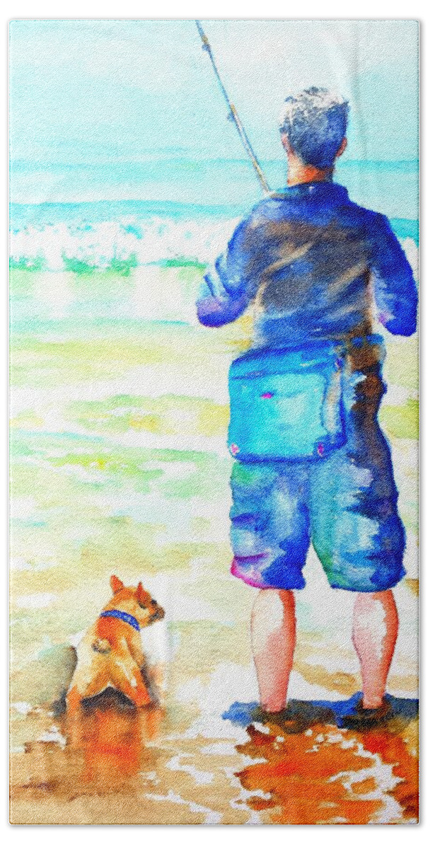 Surf Fishing Beach Towel featuring the painting Fisherman and Dog at the Beach by Carlin Blahnik CarlinArtWatercolor
