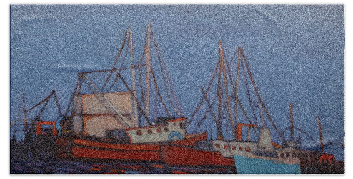 Long Line Beach Towel featuring the painting Fishing Trawlers by Beth Riso