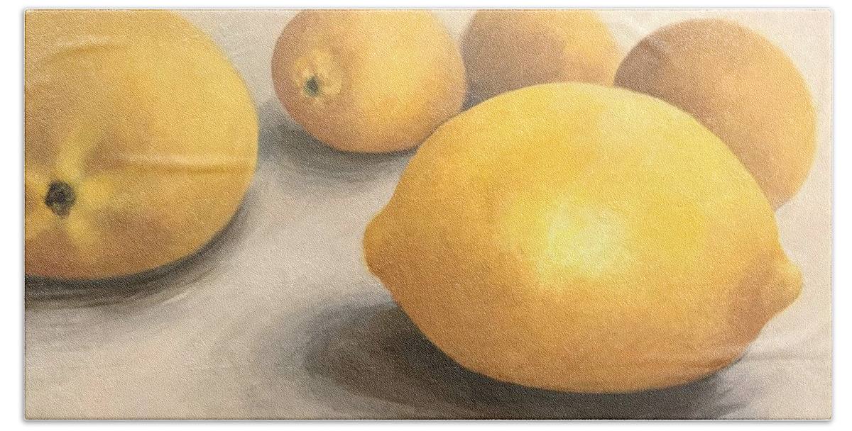 Lemon Beach Towel featuring the painting Five Lemons by Torrie Smiley