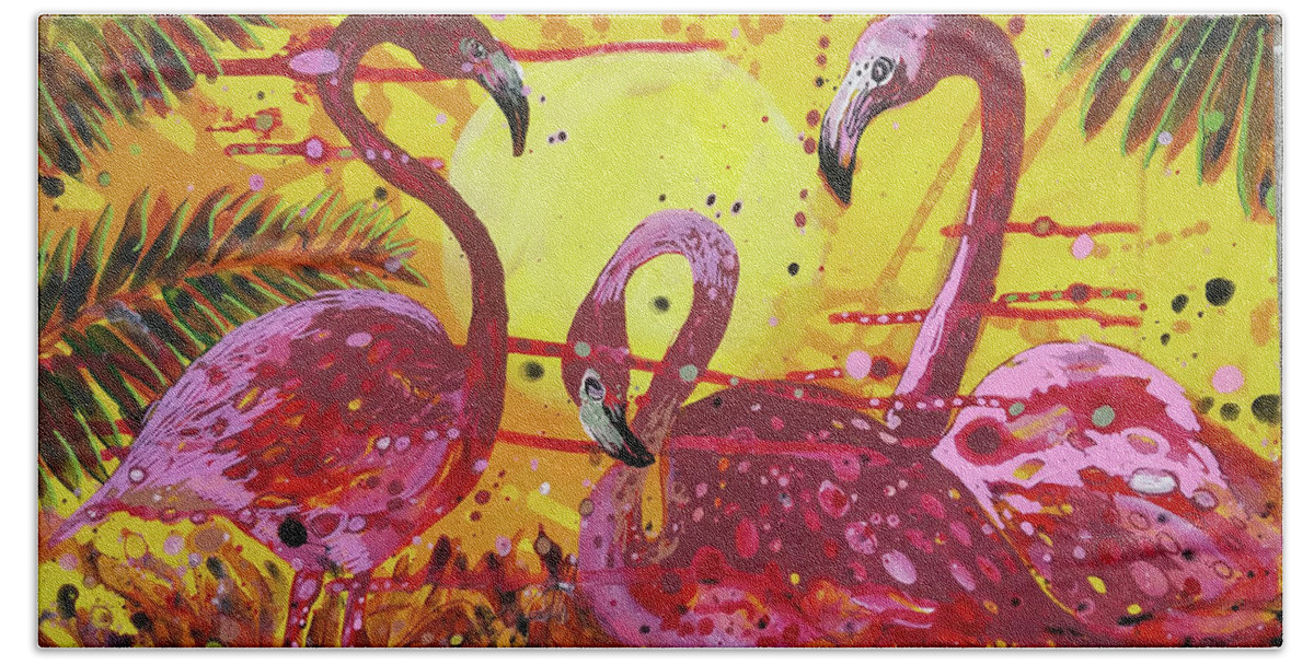 Flamingo Beach Sheet featuring the painting Flamingo Sunset by Tilly Strauss