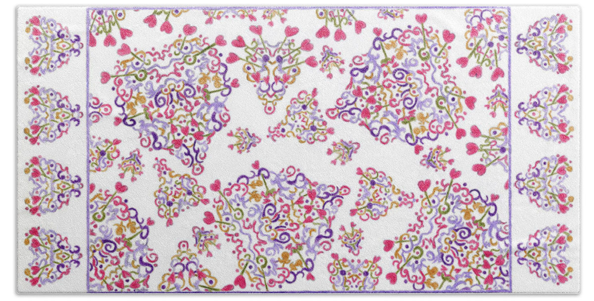 Lise Winne Beach Towel featuring the drawing Floating Hearts with Border by Lise Winne